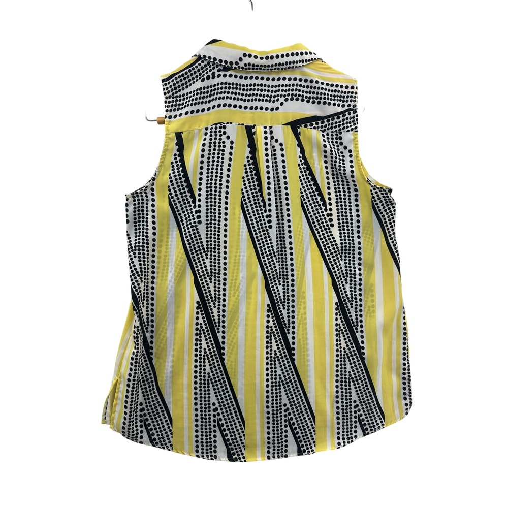 Dana Buchman Womens Sleeveless Button Front Blouse M Yellow Black Dot Stripe - Picture 2 of 8